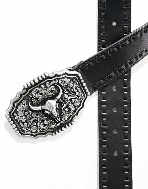 Asos Design Western Cowboy Plate Belt In Faux Leather With Whipstitch Detail In Black