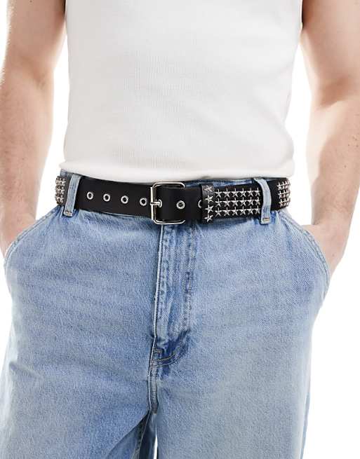 Asos Design Star Silver Studded Belt In Black Faux Leather