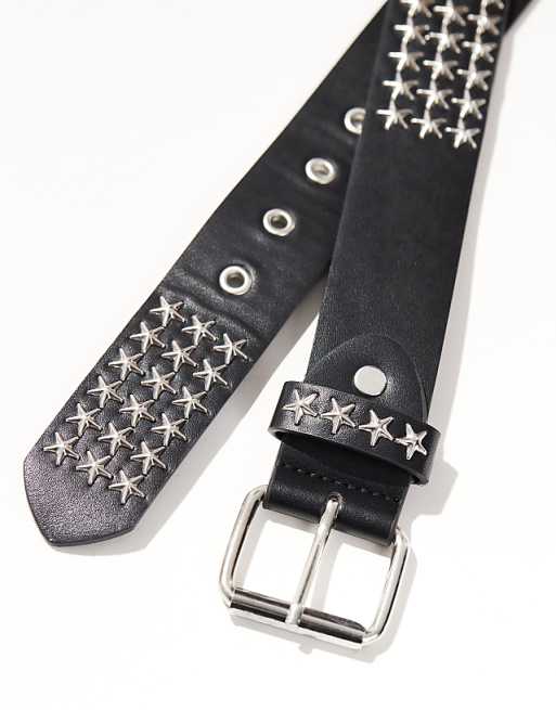 Asos Design Star Silver Studded Belt In Black Faux Leather