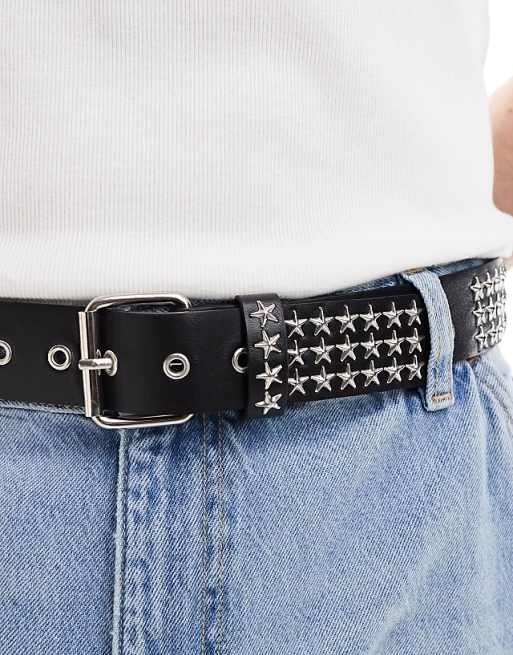 Asos Design Star Silver Studded Belt In Black Faux Leather
