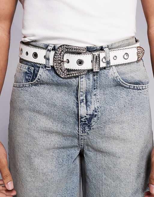 Asos Design Western Grommets Belt In White Glitter Faux Leather