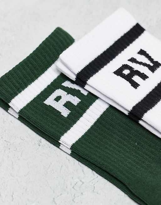 Men Reclaimed Vintage 2 pack sports socks with stripe in white and green