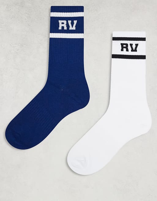 Men Reclaimed Vintage 2 pack sports socks with stripe in white and blue