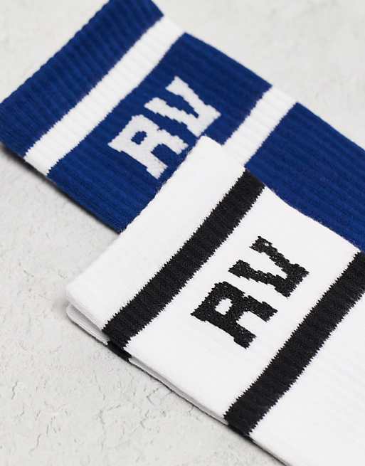 Men Reclaimed Vintage 2 pack sports socks with stripe in white and blue