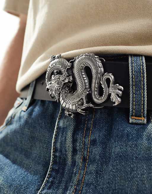 Asos Design Dragon Faux Leather Belt In Antique Silver And Black