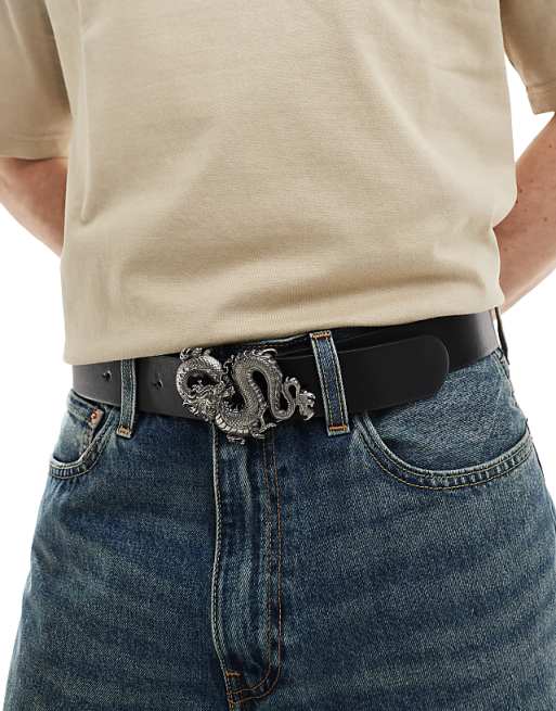 Asos Design Dragon Faux Leather Belt In Antique Silver And Black