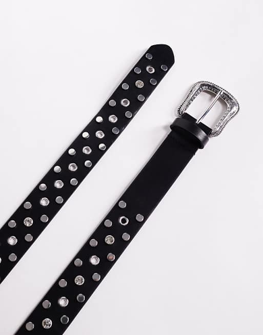 Asos Design Western Stud And Crystal Belt In Black Faux Leather