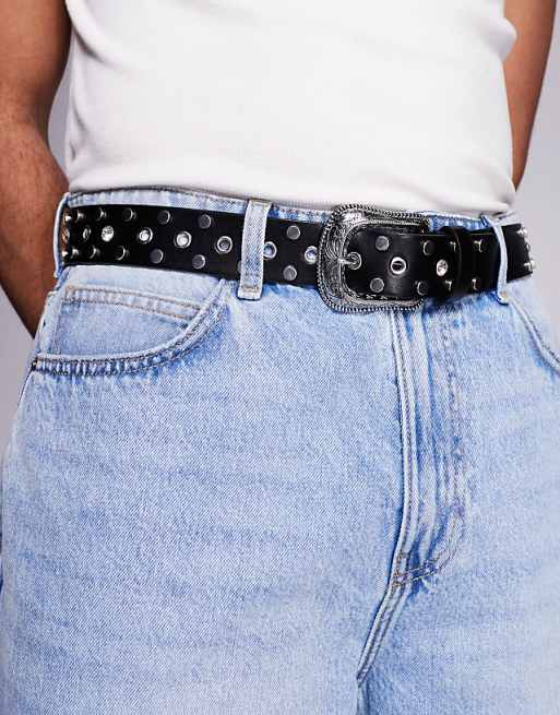 Asos Design Western Stud And Crystal Belt In Black Faux Leather