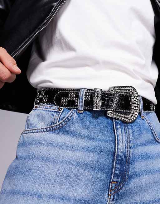 Asos Design Western Checkerboard Studded Belt In Black Faux Croc Leather