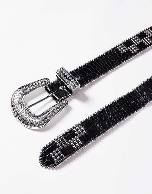Asos Design Western Checkerboard Studded Belt In Black Faux Croc Leather