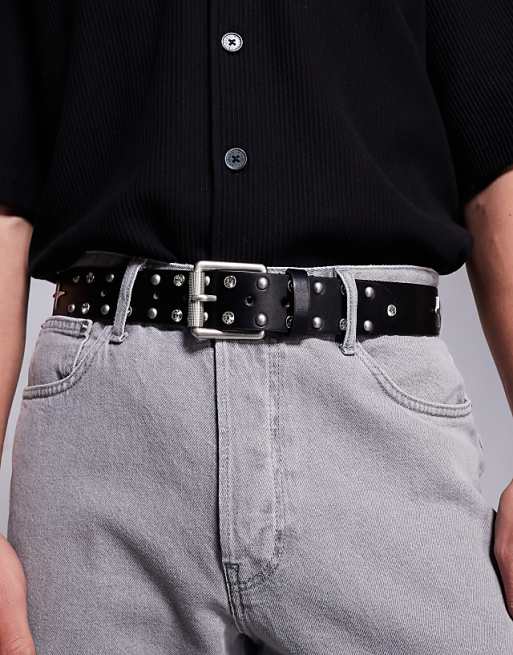 Asos Design Roller Buckle Belt With Studs And Crystals In Black Faux Leather