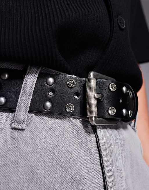 Asos Design Roller Buckle Belt With Studs And Crystals In Black Faux Leather