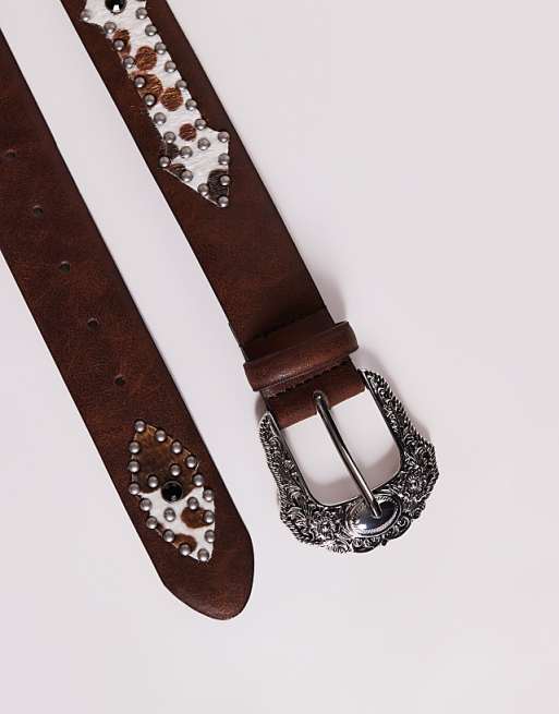 Asos Design Western Studded Trophy Belt With Cow Print Detail In Vintage Brown Faux Leather