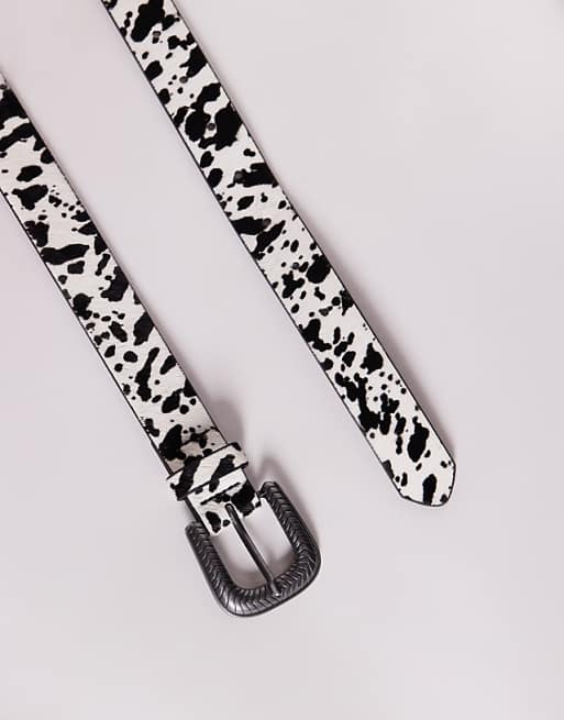 Asos Design Western Cow Print Belt In Faux Pony Leather