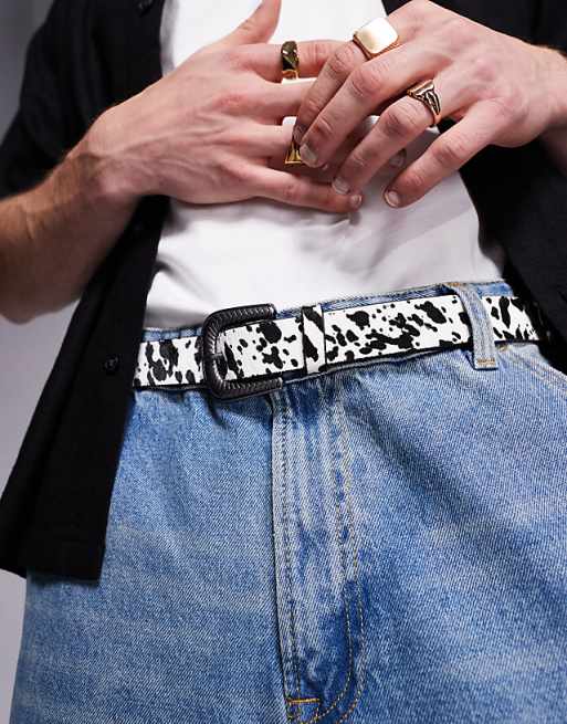Asos Design Western Cow Print Belt In Faux Pony Leather