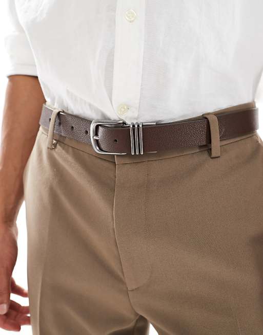 Asos Design Triple Metal Keeper Belt In Pebble Brown Faux Leather