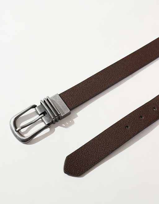 Asos Design Triple Metal Keeper Belt In Pebble Brown Faux Leather