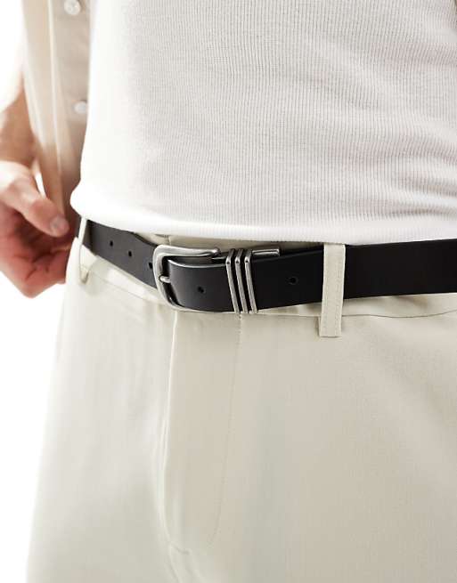 Asos Design Triple Metal Keeper Belt In Pebble Black Faux Leather