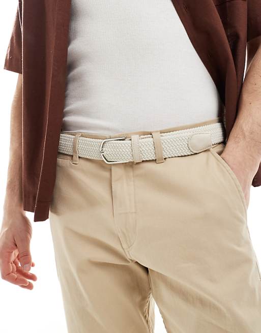 Asos Design Elasticized Woven Belt In Ecru Fabric