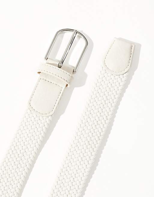 Asos Design Elasticized Woven Belt In Ecru Fabric