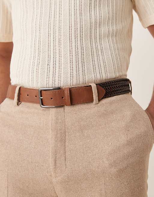 Asos Design Elasticized Woven Belt In Black And Brown Faux Leather