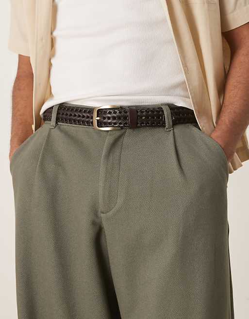 Asos Design Dressy Woven Belt In Dark Brown Leather