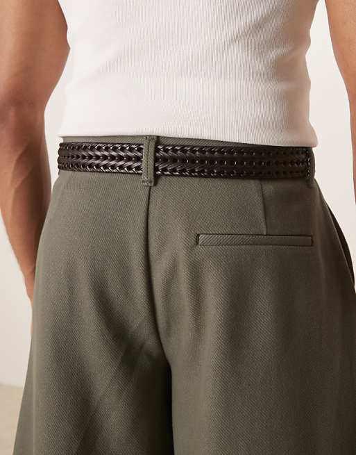 Asos Design Dressy Woven Belt In Dark Brown Leather