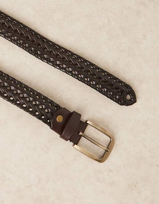 Asos Design Dressy Woven Belt In Dark Brown Leather