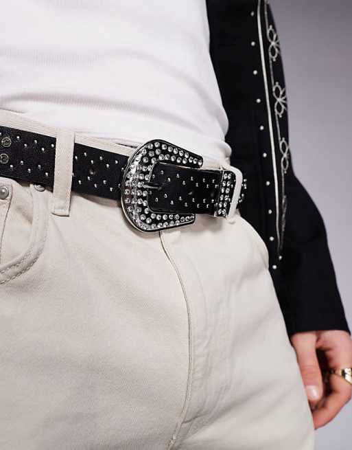 Asos Design Western Crystal Studded Belt In Black Faux Leather