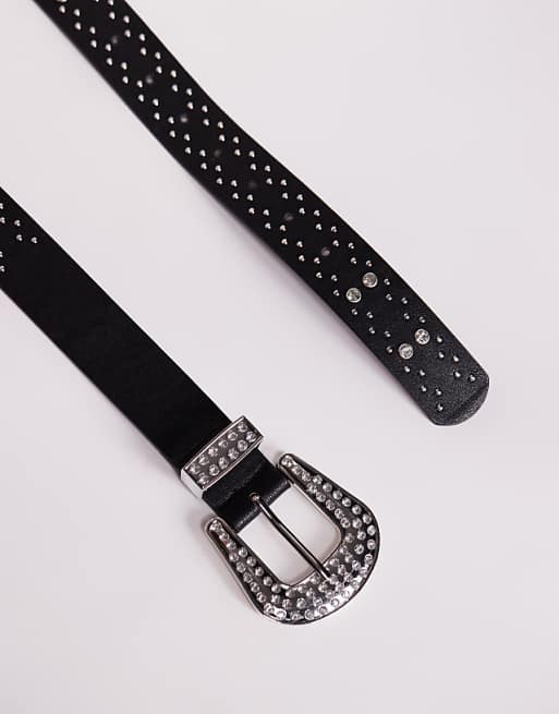 Asos Design Western Crystal Studded Belt In Black Faux Leather