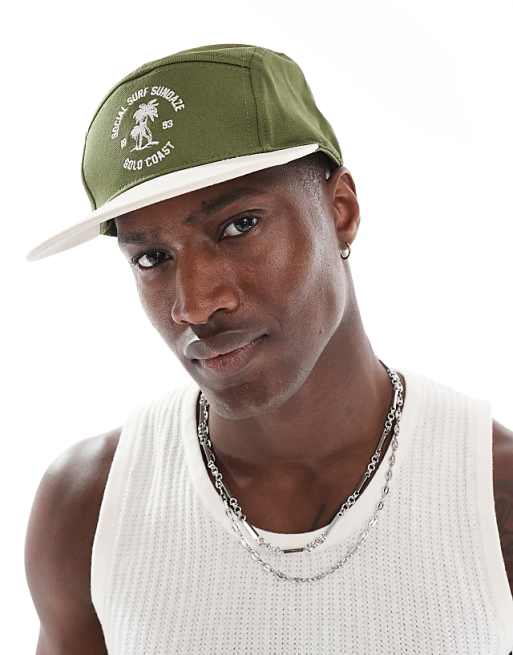 Asos Design Palm Graphic Cap In Khaki Green And Ecru