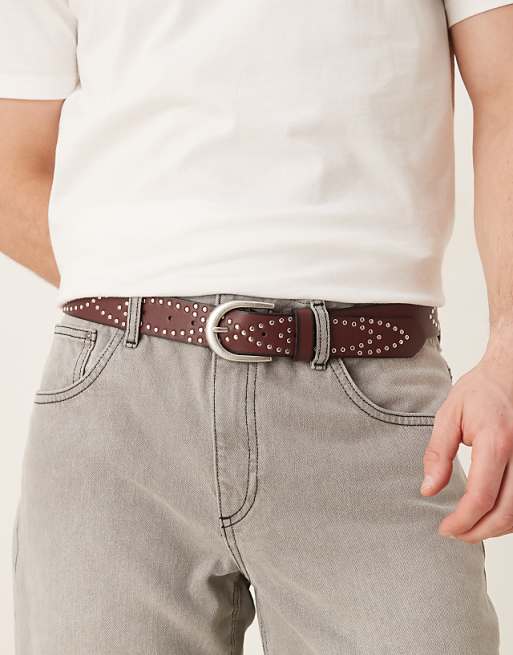 Asos Design Studded Burnished Belt In Burgundy