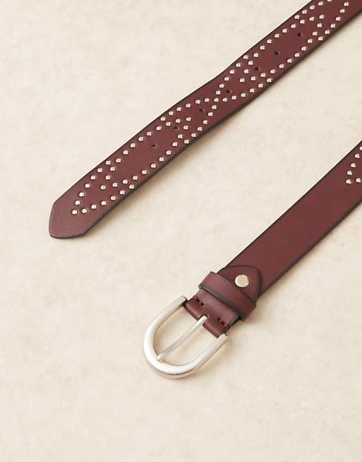 Asos Design Studded Burnished Belt In Burgundy