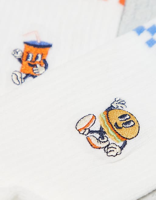 Men ASOS DESIGN 2 pack fast food character graphic sock in ecru