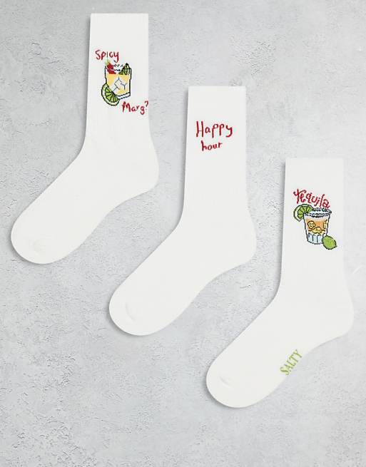 Men ASOS DESIGN 3-pack socks with drink embroidery in ecru