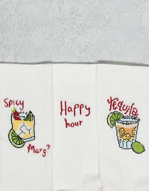 Men ASOS DESIGN 3-pack socks with drink embroidery in ecru