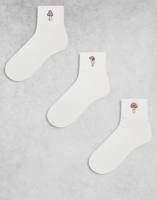 Men ASOS DESIGN 3 pack short sock with mushroom embroidery in ecru