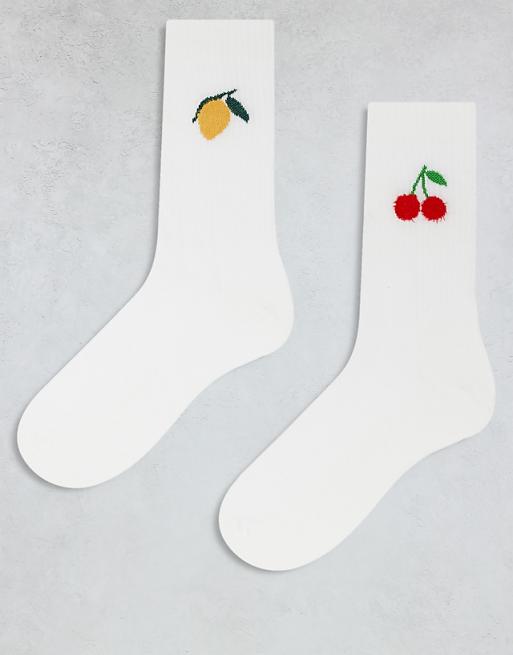 Men ASOS DESIGN 2-pack lemon & cherry embroidery sock in white