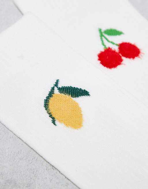 Men ASOS DESIGN 2-pack lemon & cherry embroidery sock in white