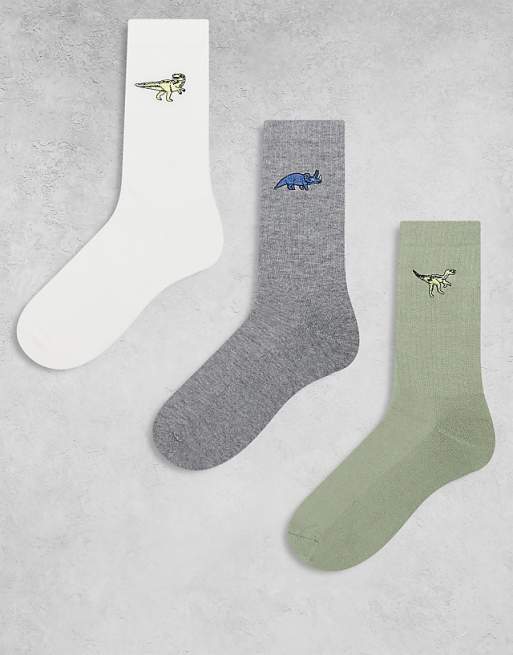Men ASOS DESIGN 3 pack socks with dinosaurs embroidery in multi