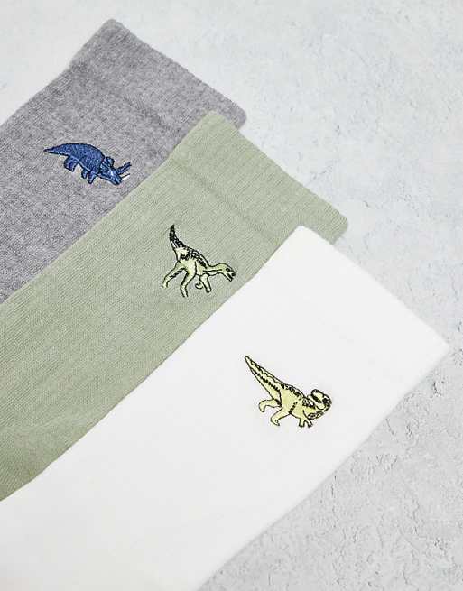 Men ASOS DESIGN 3 pack socks with dinosaurs embroidery in multi