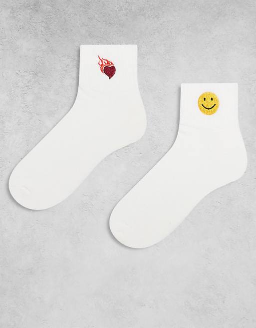 Men ASOS DESIGN 2 pack socks with embroidery symbols in white