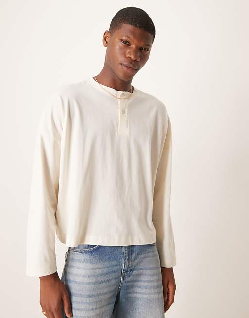 Asos Design Super Oversized Cropped Long Sleeve Sweater With Henley Neck In Ecru