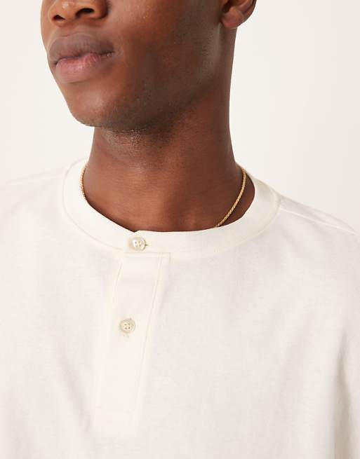 Asos Design Super Oversized Cropped Long Sleeve Sweater With Henley Neck In Ecru
