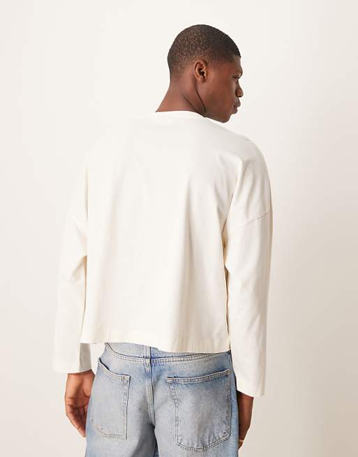 Asos Design Super Oversized Cropped Long Sleeve Sweater With Henley Neck In Ecru