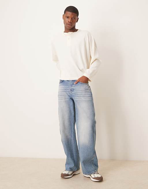 Asos Design Super Oversized Cropped Long Sleeve Sweater With Henley Neck In Ecru