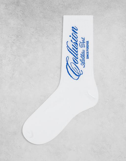Men COLLUSION socks in white with blue print