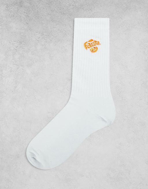 Men ASOS DESIGN Fanta logo embroidery socks in white