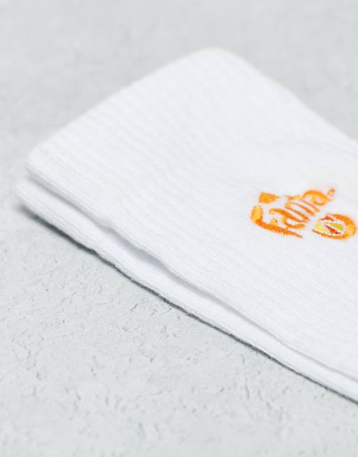 Men ASOS DESIGN Fanta logo embroidery socks in white