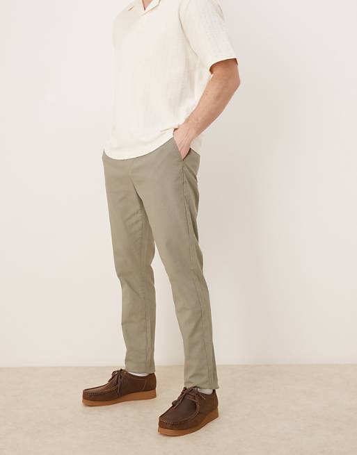 Chino Asos Deisgn Linen Mix Slim Pants With Elastic Waist In Khaki